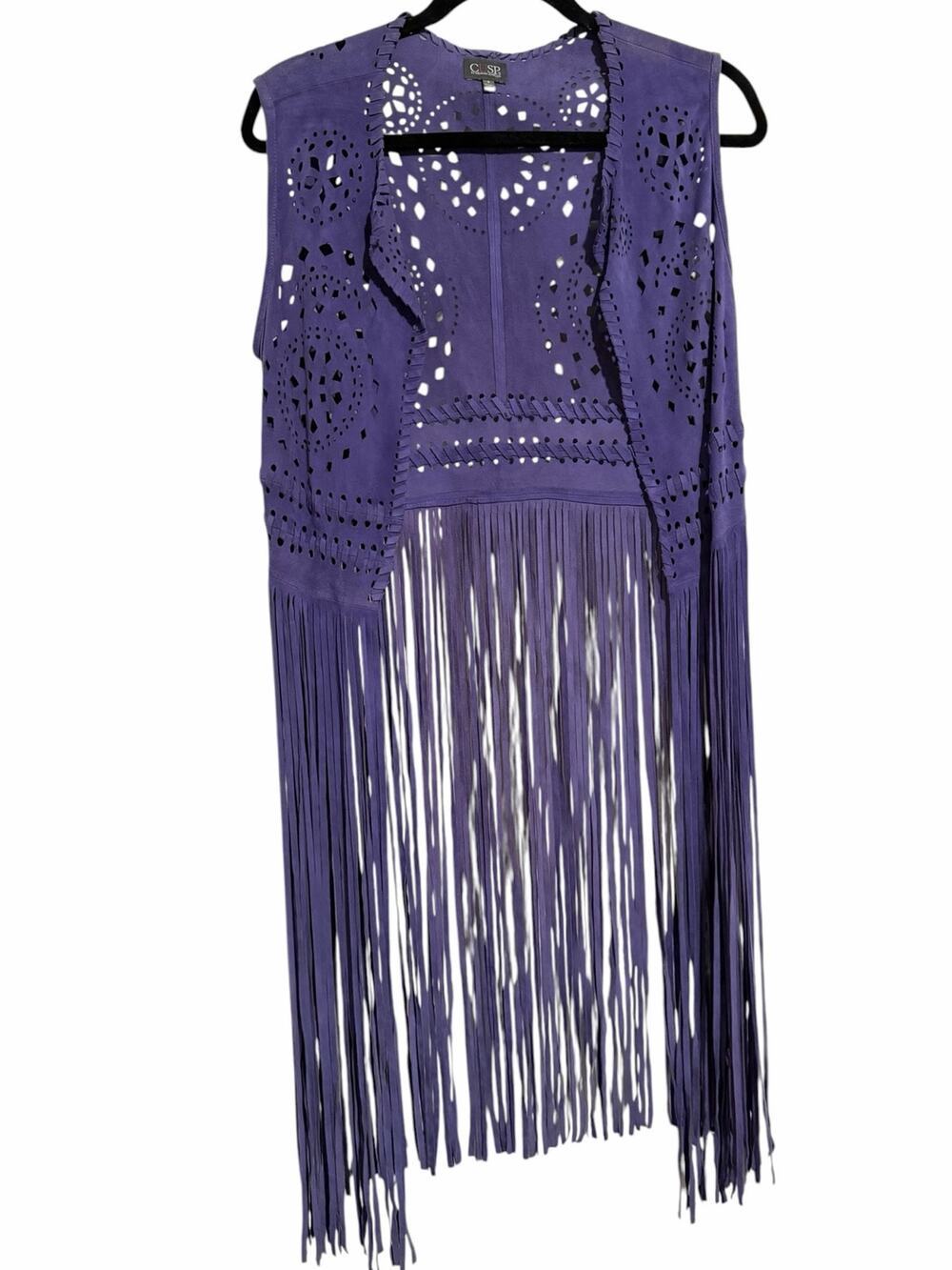 CUSP Neiman Marcus Purple Leather Fringe Vest Small Boho Western Open Front